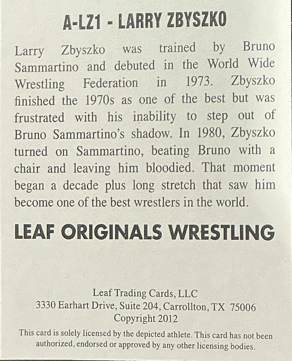 Consignment CM - Leaf Originals Larry Zbyszko Signed Trading Card - Image 2