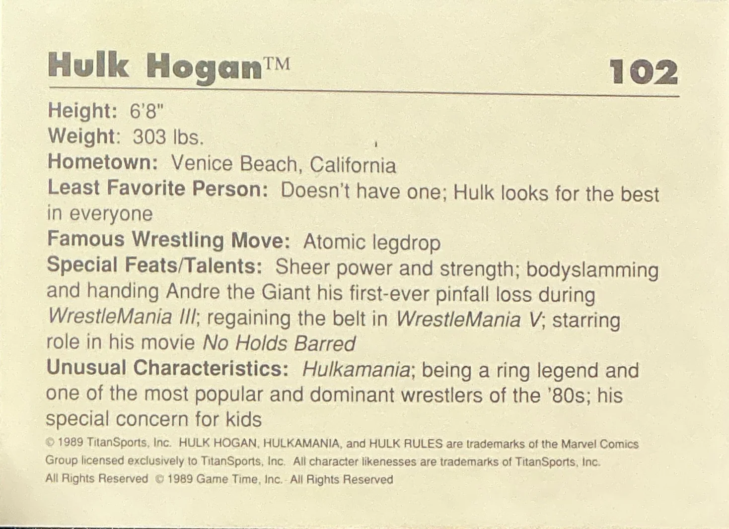Classic WWF Hulk Hogan #102 Trading Card - Image 2