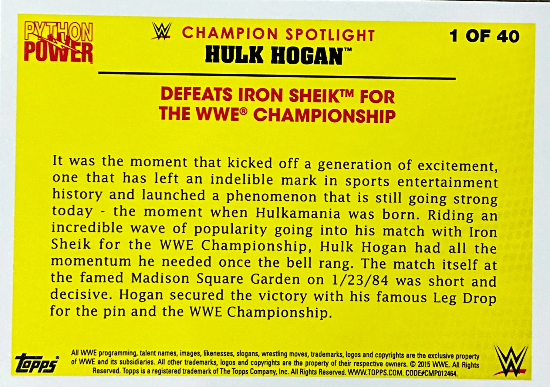 Topps Hulk Hogan Defeats Iron Sheik 1 of 40 Trading Card - Image 2
